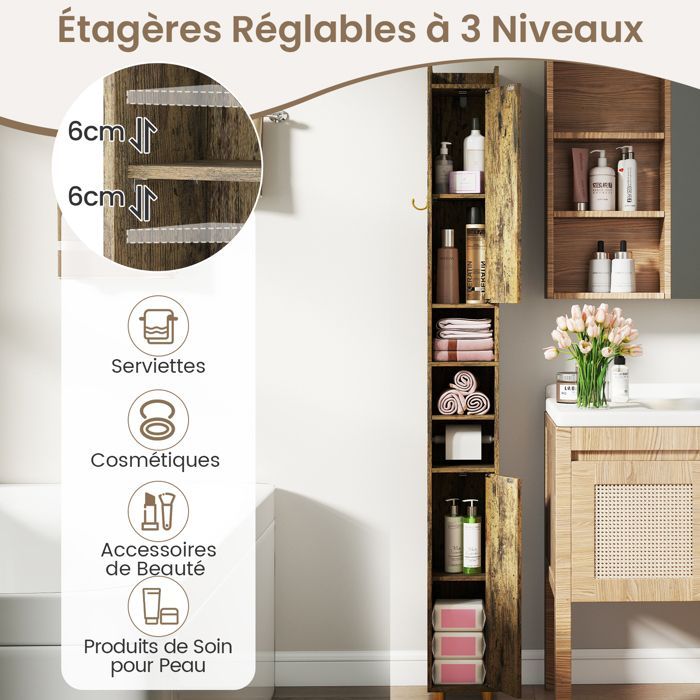 GIANTEX Narrow Bathroom Column - Adjustable Shelves - 2 Open Compartments - 2 Doors - Towel Rail - 20x20x179cm - Cafe