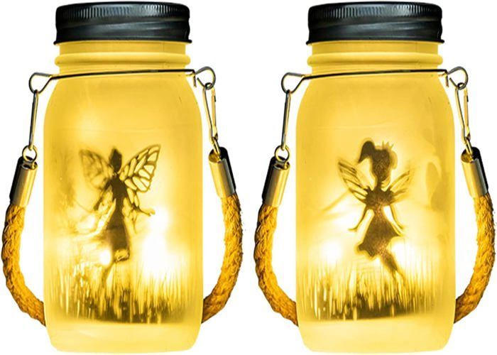 Set van 2 buitenlantaarns op zonne-energie - Decoratieve Mason Jar-lamp op zonne-energie voor feesten, tuinen en buitendecoratie (warm wit)