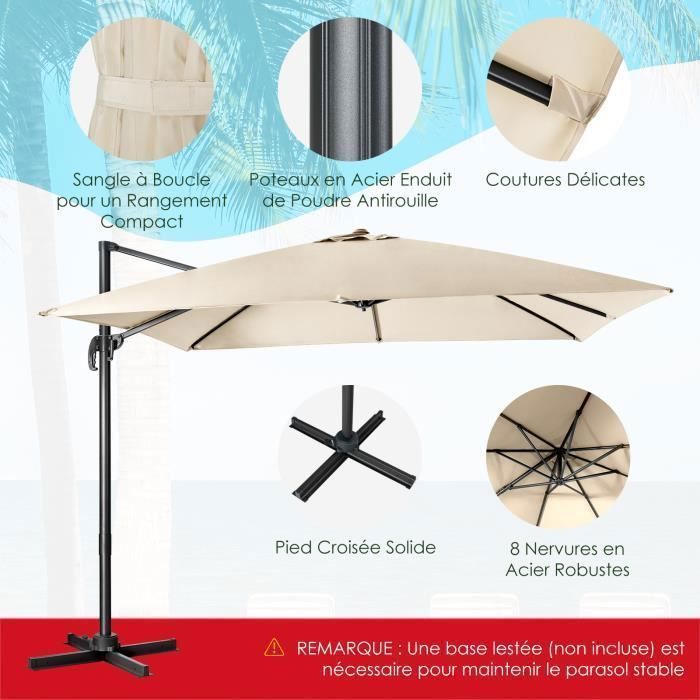COSTWAY Parasol Déporté Inclinable 3x3M avec Base Croisée Rotation à 360°,Manivelle,8 Baleines,Event pour Jardin,Terrasse Beige