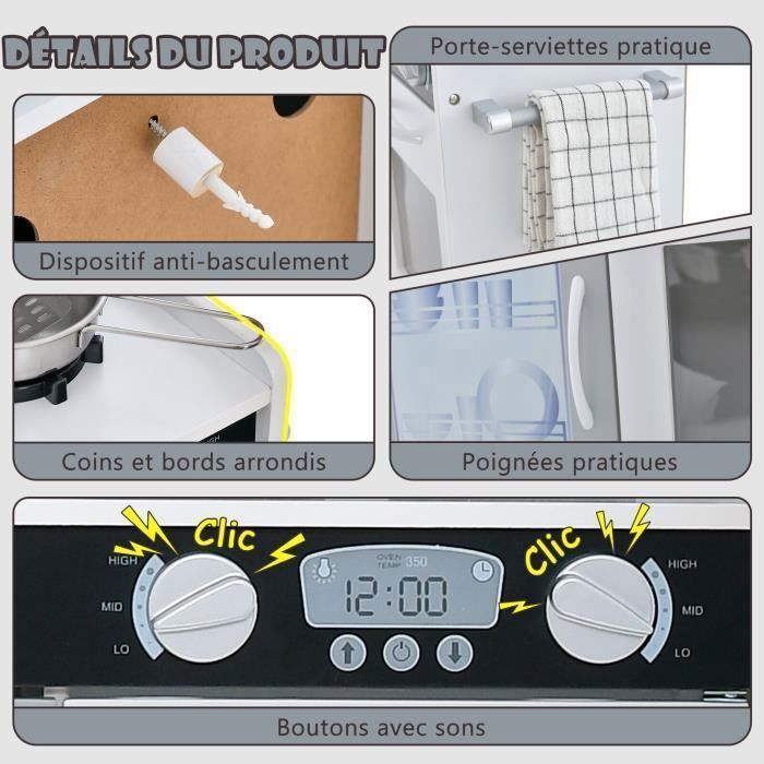 Cocina de madera infantil COSTWAY para niños de 3 a 6 años con teléfono, pizarra, microondas, máquina de hielo y 7 accesorios - Gris