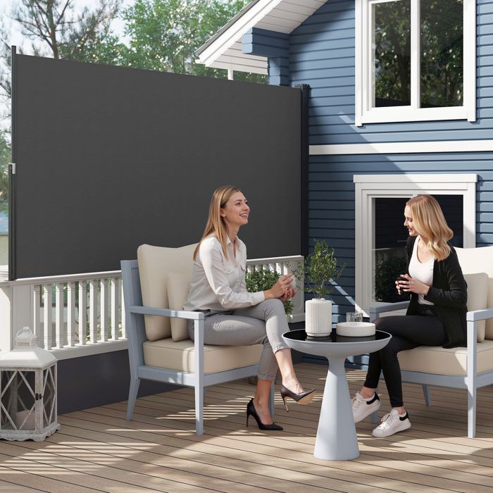 Toldo lateral Outsunny retráctil de 3 x 1,4 m con estructura de aluminio y tejido de poliéster de alta densidad (180 g/m²) resistente a los rayos UV, color gris oscuro.