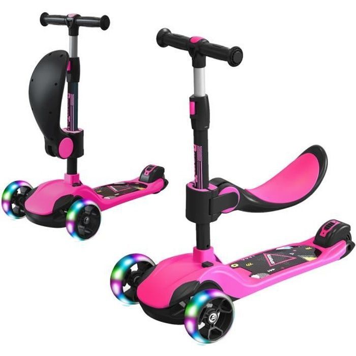 BremToy 3-in-1 Kids Scooter with Folding Seat, 3-Wheel LED Scooter for Children, Height-Adjustable Kids Scooter