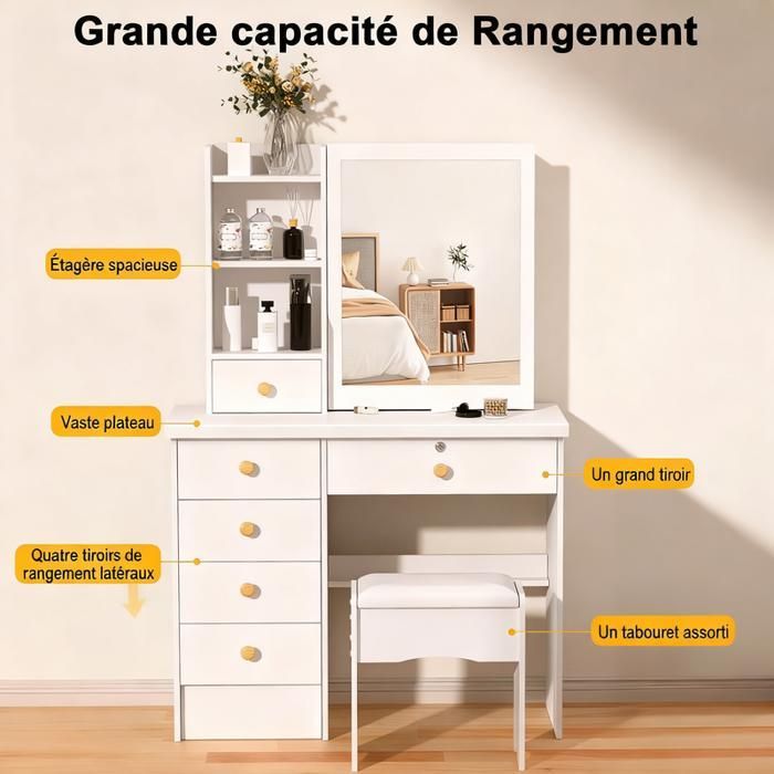 Kaptafel met spiegel en krukje - Modern - 6 grote lades + 3 open planken - Hout - 80x40x135 cm