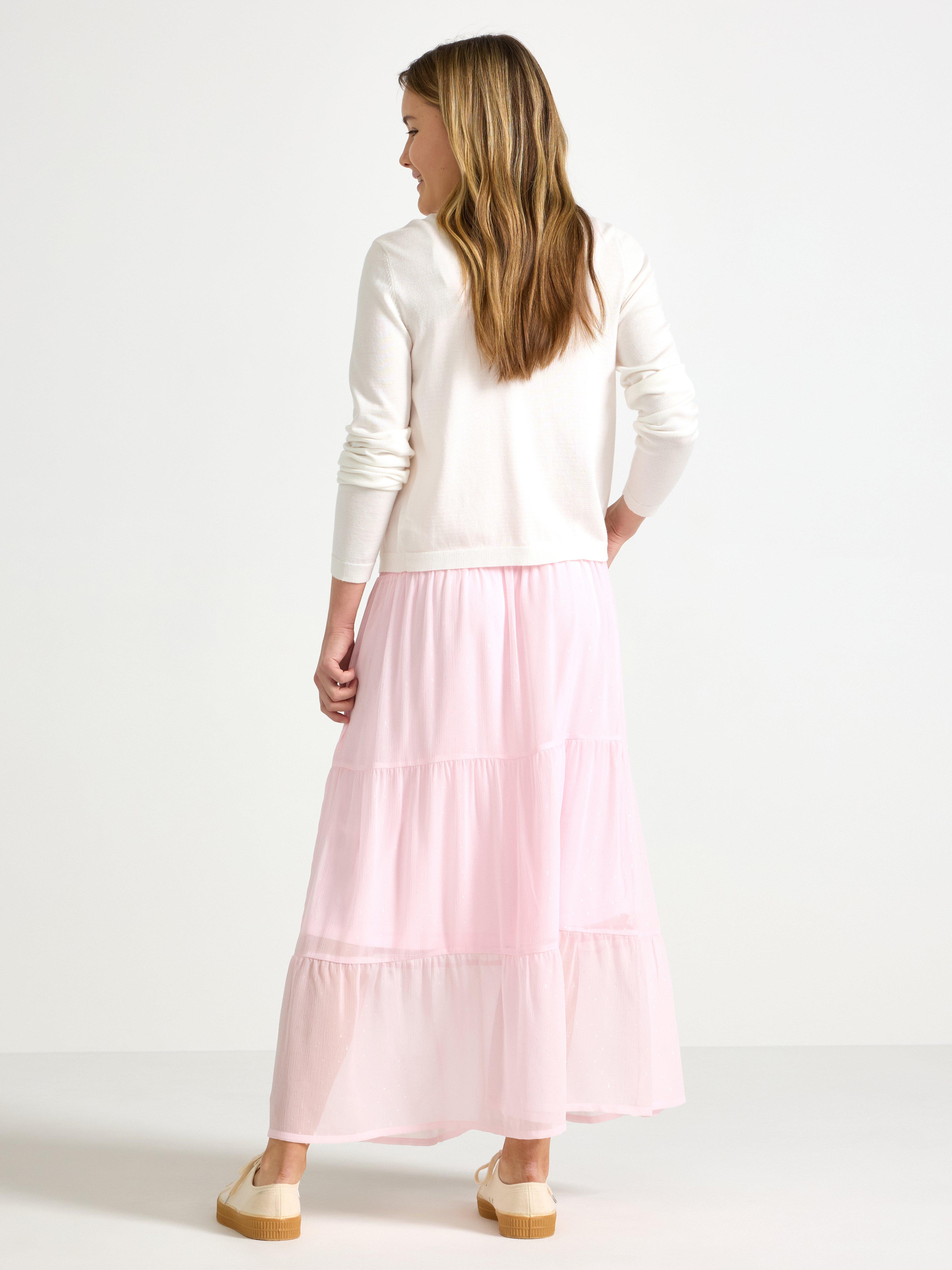 Saia maxi em chiffon rosa claro
