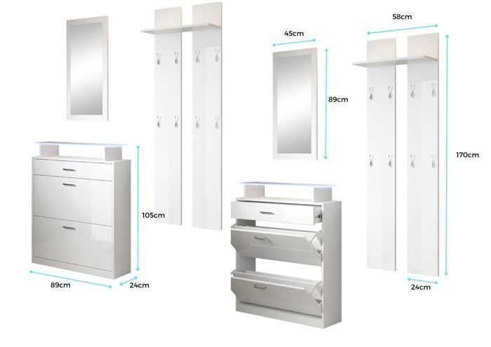 Entryway furniture - DESIGN FURNITURE - Paola - Mirror - Coat rack - High-gloss white shoe cabinet