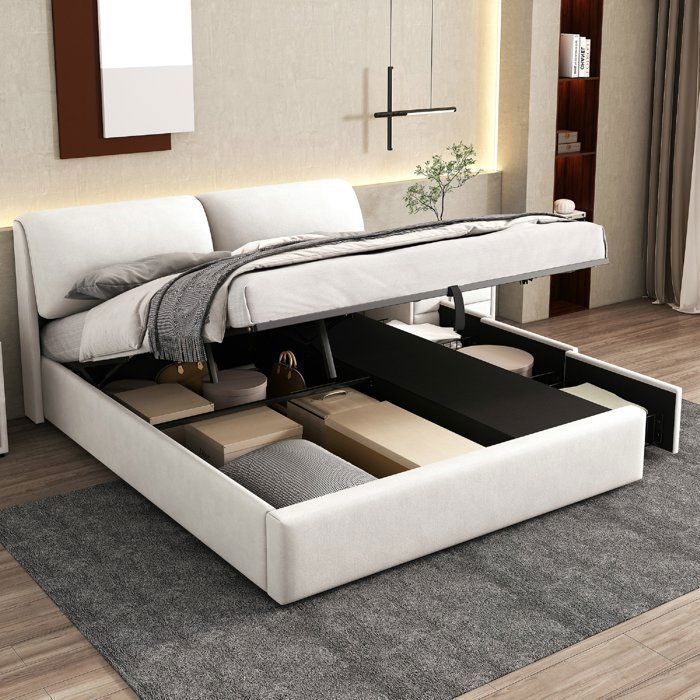 Cama O.Ye de 180x200 con base de listones, cama doble con 3 cajones de almacenamiento, tamaño king, estructura tapizada, color beige. CAMA COMPLETA.