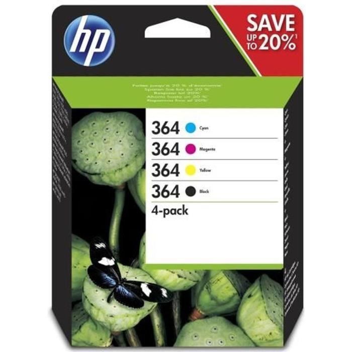 HP 364 4-Pack Genuine Black, Cyan, Yellow, and Magenta Ink Cartridges (N9J73AE) for DeskJet 3070A, Photosmart 5525/6525