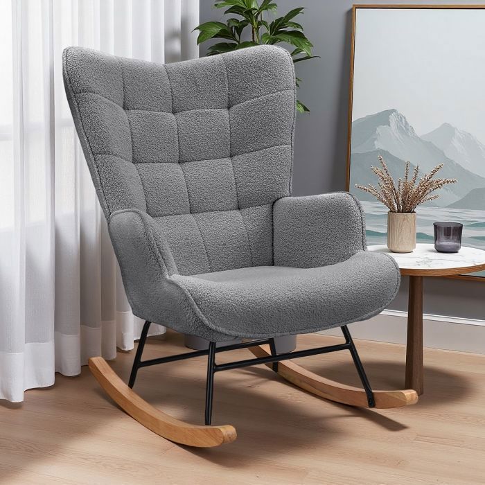 Fauteuil à Bascule, ADWOLT, rocking chair Velours Teddy, Fauteuil de Relaxation, Bois et Cadre en Métal, chaise a bascule,Gris foncé