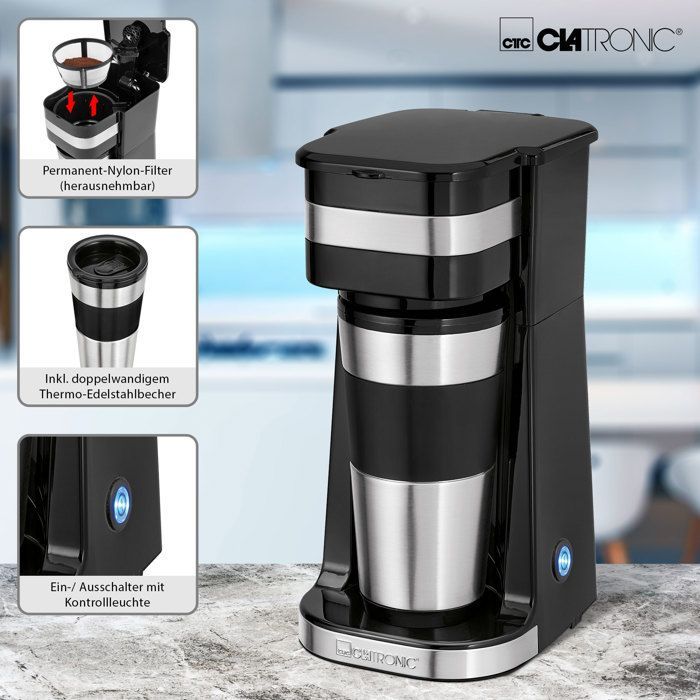 Macchina da caffè termica Clatronic KA 3733 per 1 tazza, con filtro, colore nero, acciaio inossidabile, 750 Watt