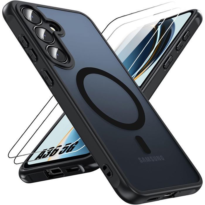 Protective case - BOOLING - for Samsung Galaxy A36 5G - Black - 2 Tempered Glass Screen Protectors - Shockproof