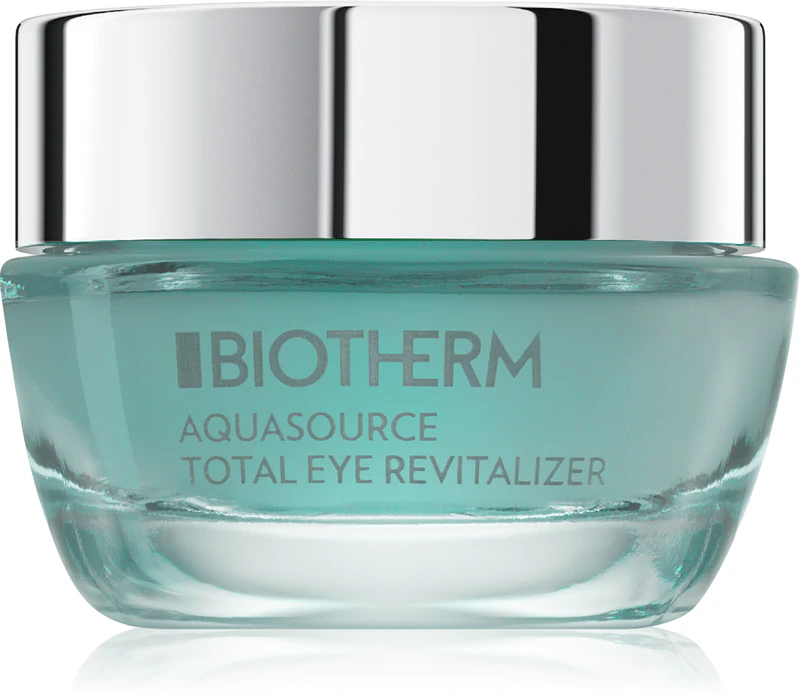 Biotherm Aquasource Total Eye Revitalizer, een behandeling die wallen en donkere kringen onder de ogen vermindert met een verkoelend effect.