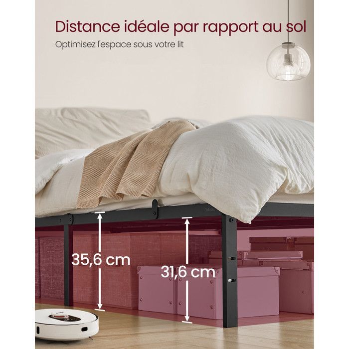 Estructura de cama doble, 160 x 200 cm, estructura metálica, espacio de almacenamiento debajo, estilo moderno, fácil montaje, negro mate.