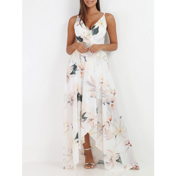 Robe longue portefeuille volantée en bas à fleurs XXL.Dotée de bretelles ajustables et de coques de maintien. pour femme - Robes -