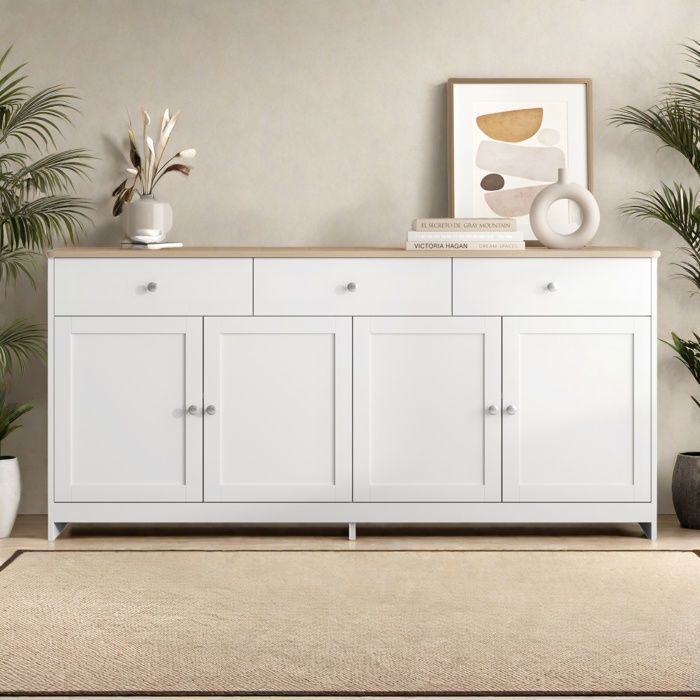 Buffet - 4 portes et 3 tiroirs - Blanc et bois - 160x37x75 cm - Style rustique moderne