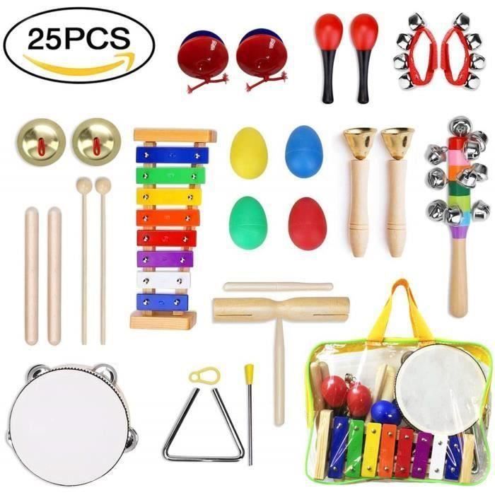 Set di strumenti musicali per bambini CHANGM, composto da 25 pezzi di strumenti a percussione in legno per neonati, tra cui xilofono e tamburello.