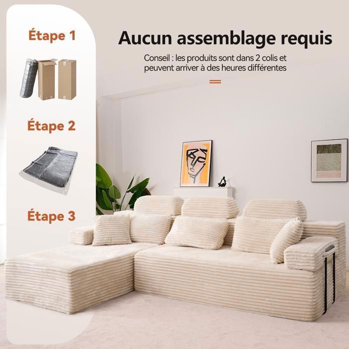 Canapé d'angle réversible avec méridienne, canapé modulairee dossier haute, canapé-lit à assise profonde sans assemblage beige