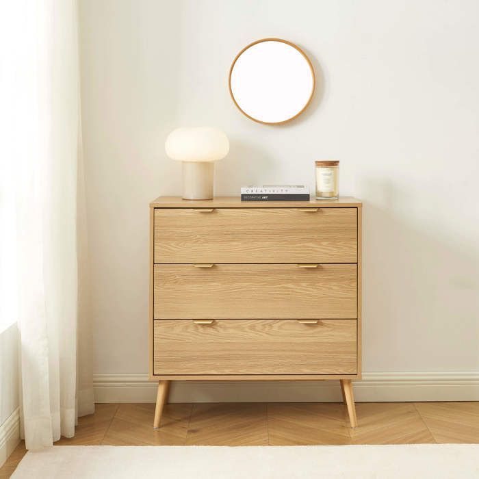 Cómoda JEANNE de 3 cajones con efecto roble, 80 cm - Madera clara