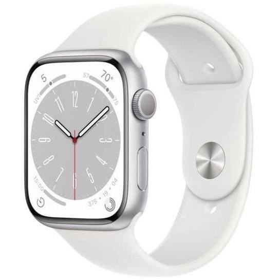 Apple Watch (Serie 8) 2022 GPS 45mm - Zilverkleurig aluminium - Witte sportband - Gereviseerd - Uitstekende staat