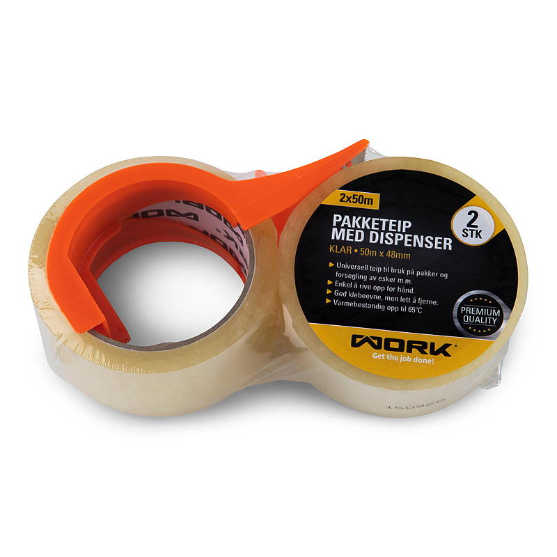 Arbejdspakketape 2x50 m, klar, med dispenser