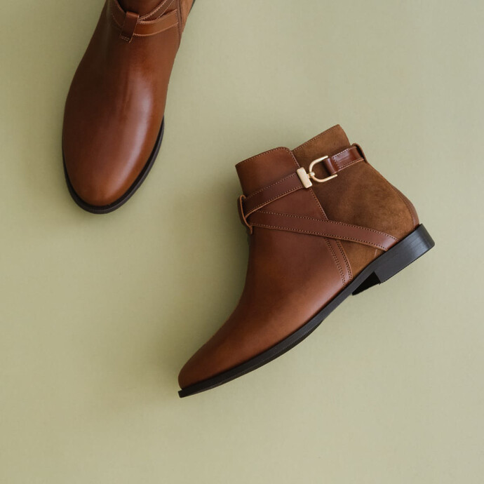 Bottines bi-matières  en velours bark et cuir