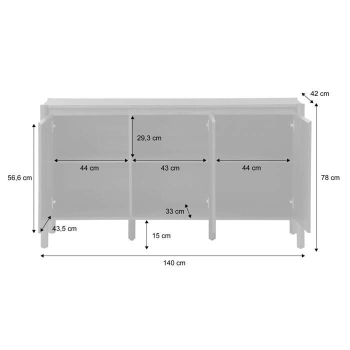Buffet décor bois 3 portes noyer - 140 x 42 x 78.5 cm - Harmony