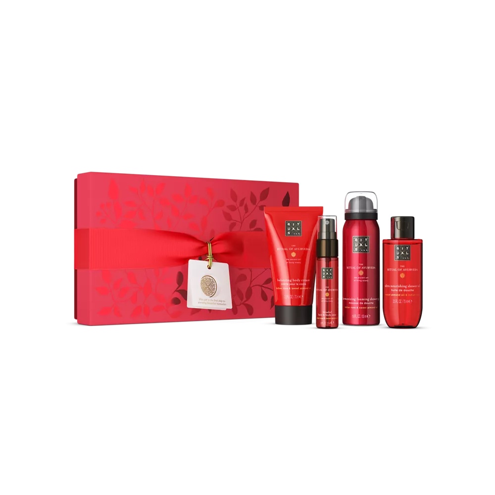 „The Ritual of Ayurveda“ dovanų rinkinys S: putojantis dušo želė 50 ml, dušo aliejus 75 ml, kūno kremas 70 ml, plaukų ir kūno purškiklis 20 ml