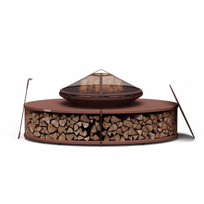 Barbacoa y mesa Blumfeldt Ebeko 3 en 1, brasero de acero resistente, incluye rejilla protectora contra chispas y atizador, y compartimento para leña.
