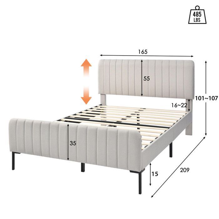 Cama de adulto de 160x200 cm, somier de láminas, cabecero regulable, tapizada en lino, color beige.