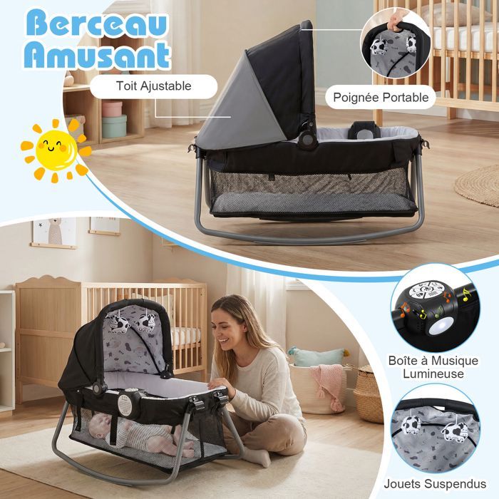 Lit Bébé Parapluie avec Matelas 5 en 1 COSTWAY-Berceau,Table à Langer--Jouets Suspendus,Boîte à Musique Lumineuse-Roulettes-Beige