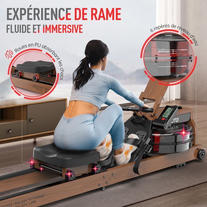Rameur à eau - JOROTO - MR280Pro - Chêne massif - Pliable - Moniteur Bluetooth (Kinomap)