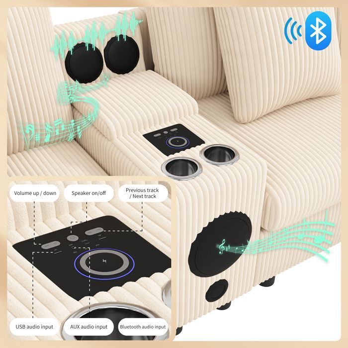 Modulares Ecksofa aus grauem Cord mit Bluetooth-Lautsprecher und Konsole, 6-Sitzer-Sofa mit USB-Anschluss und Kissen, Beige