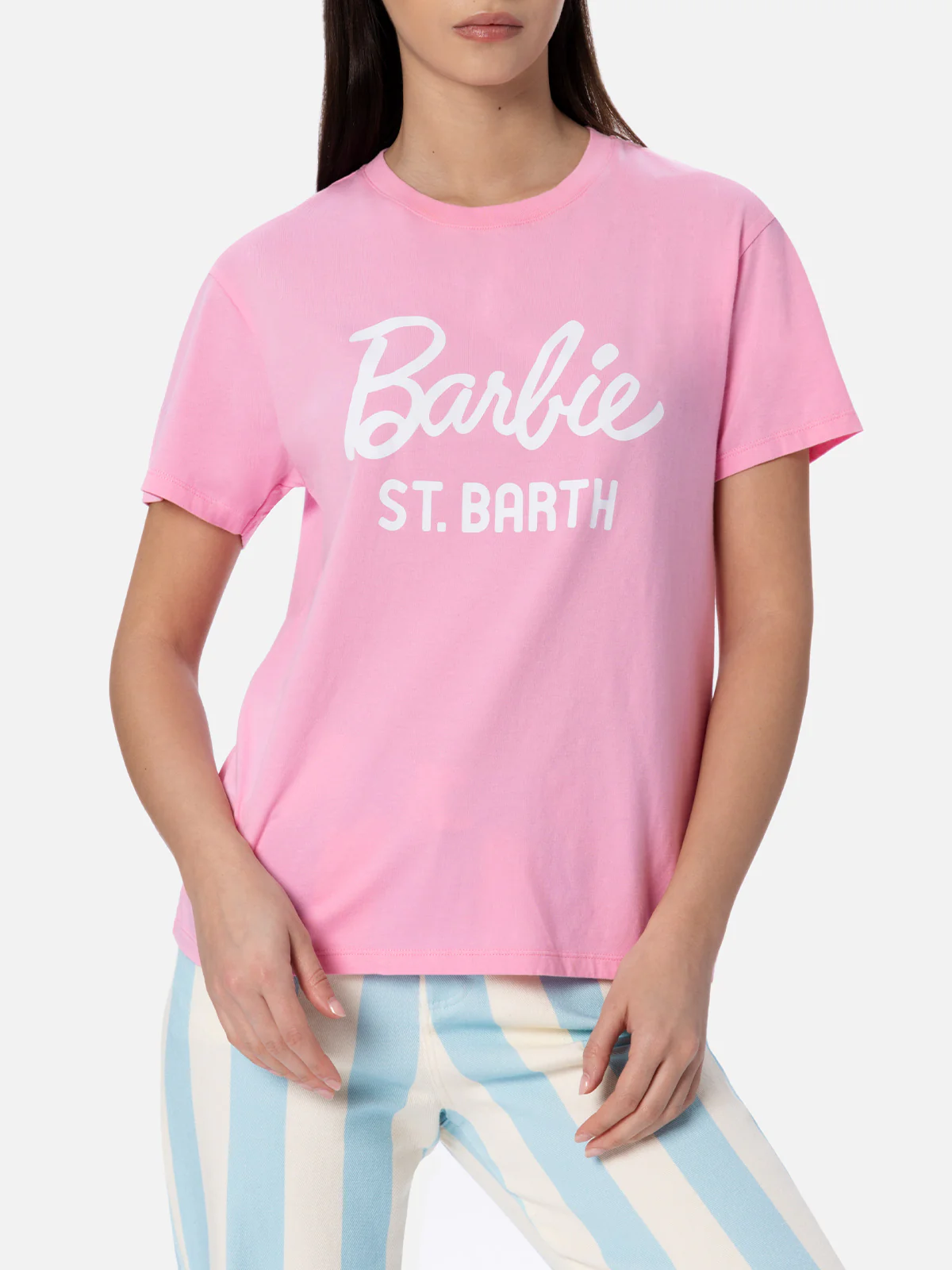 Emilie dames T-shirt met ronde hals van katoenen jersey en Barbie-print.