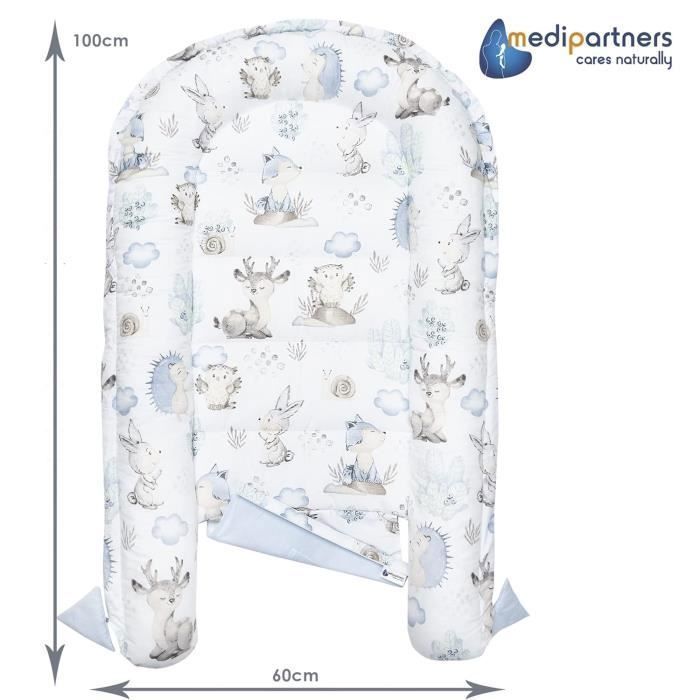 Medi Partners Baby Bed Reducer, 100% Cotton, Newborn Baby Nest with Removable Insert, 100x60x15 cm, Deer and Hedgehog Design, Light Blue