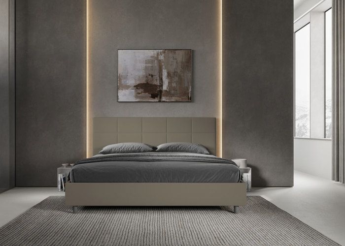 Lit king size coffre - Ityhome - Mika - 200x210 cm - Similicuir cappuccino - Tête de lit rembourrée