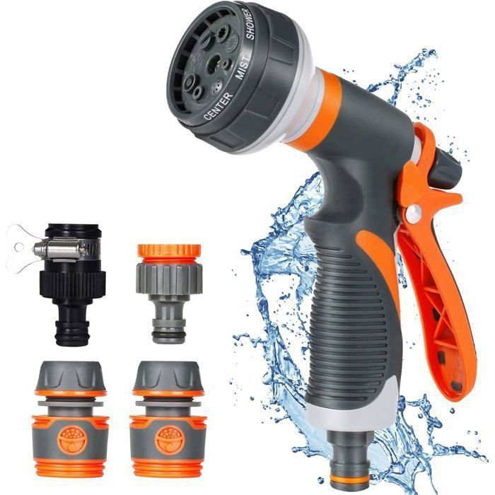 Gieter met 8 sproeistanden en 4 aansluitingen, voor autowassen, tuinieren, enz., 11*12*5,2 cm, oranje en zwart
