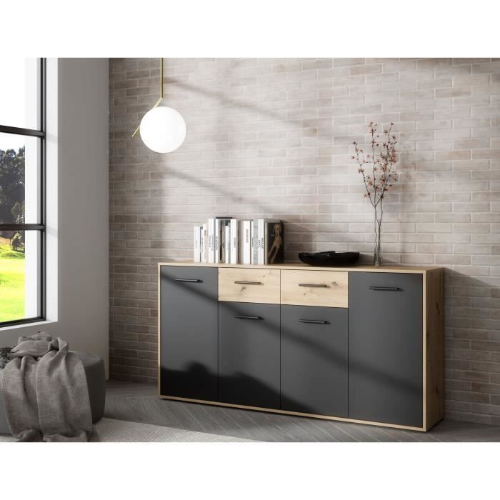 Buffet PILVI - Style contemporain - Particules mélaminé - Décor Chêne et noir - 4 portes + 2 tiroirs - L 162,3 x P 34,2 x H 81,7 cm