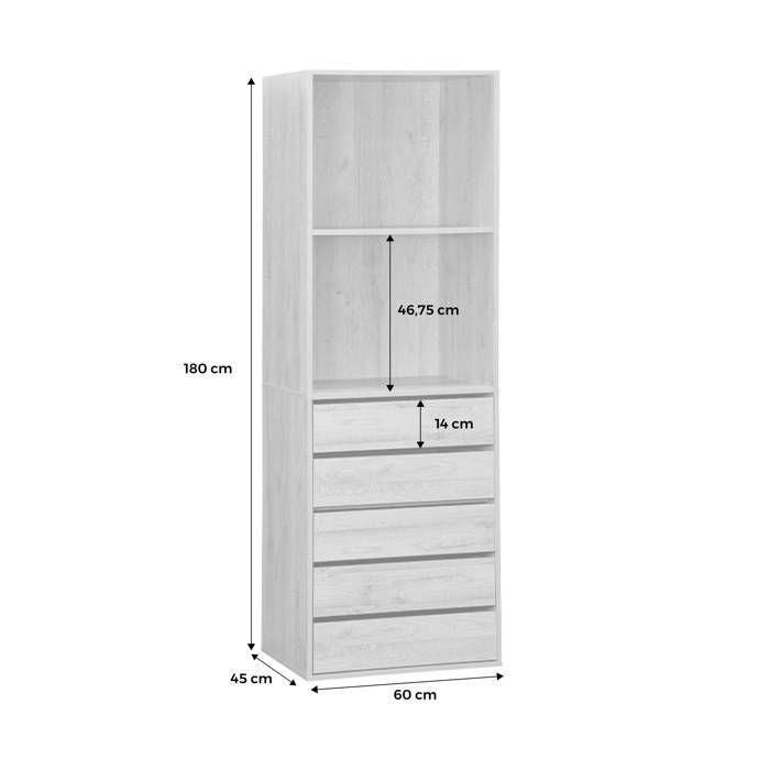 Guarda-roupa com 5 gavetas e 2 prateleiras. Branco. Painéis laminados.