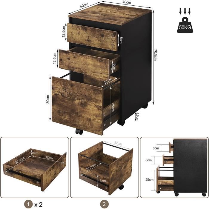 WOLTU Mobile Office Storage Unit with 3 Drawers - Rustic Brown and Black