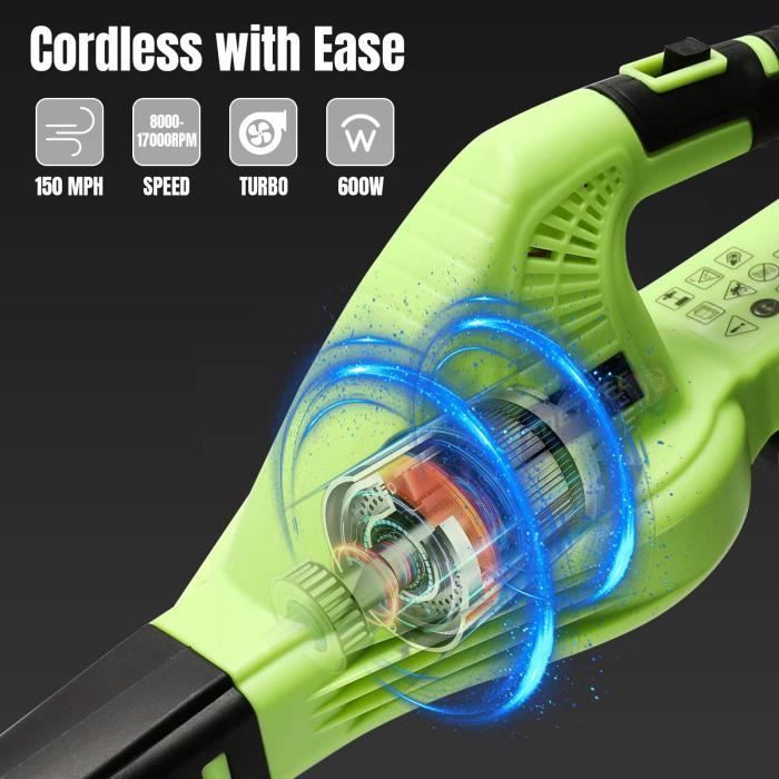 Soffiatore per foglie a batteria PRUMYA - Modello 2 in 1 - Velocità 150 km/h - Con 2 batterie - Ricarica rapida