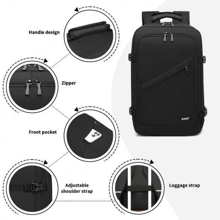 Kono Rucksack 40x20x25cm Ryanair Reisetasche 20L Handgepäck für die Gepäckablage unter dem Sitz im Flugzeug für Damen und Herren, Schwarz