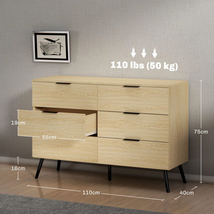 Commode 6 tiroirs - HOMCOM - Commode pour chambre à coucher avec design moderne anti-basculement 110L x 40l x 75H cm - Aspect bois
