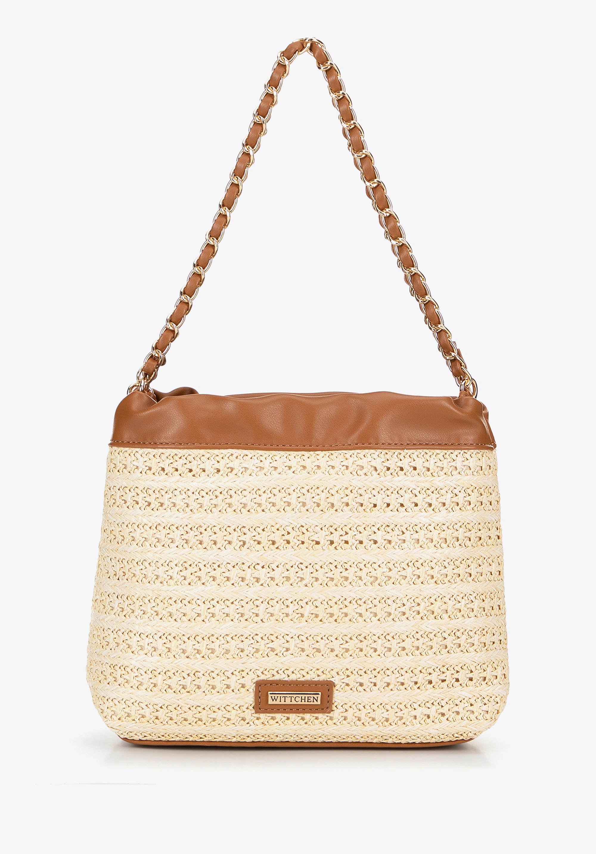 Pleciona torebka crossbody z łańcuszkami beżowo - brązowa