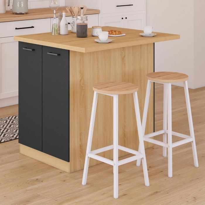 Isla central IDMARKET IVO de 100 cm en madera con efecto haya, puertas y encimera negras.