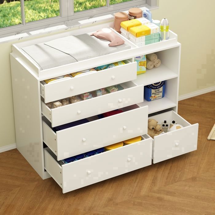 Commode met 5 lades en 2 vakken, babycommode, 120x50x91,5 cm, wit