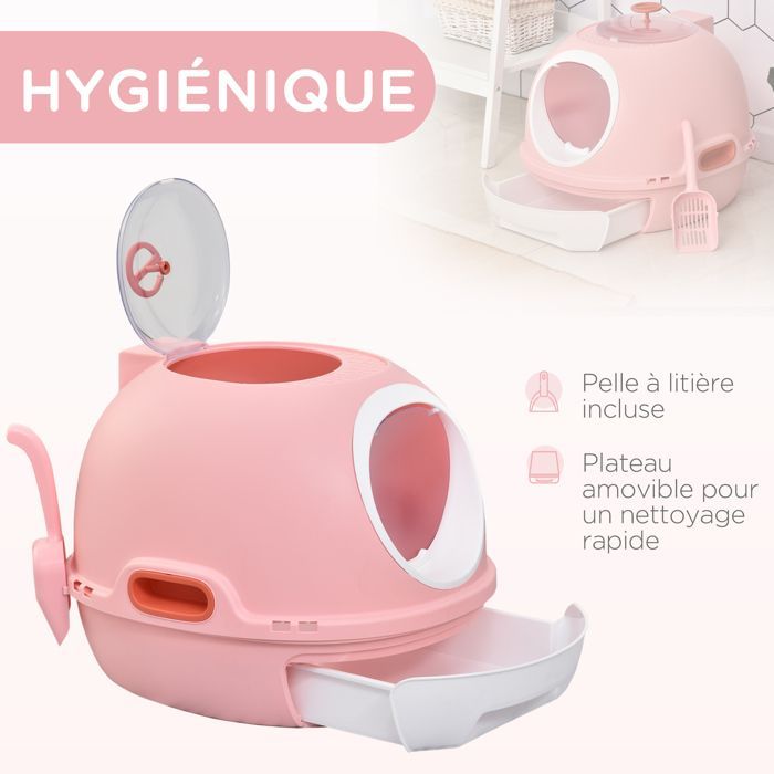 Katzentoilette – Katzenklo-Häuschen – PawHut – tragbare Schublade mit Schwingtür und Schaufel – Kunststoff – rosa
