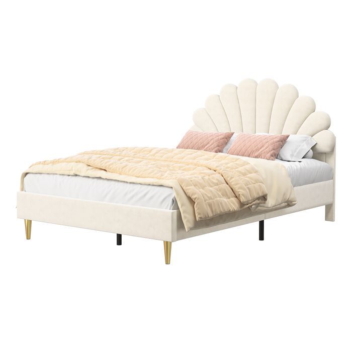 Lit 140x190 cm - COZY - Tête de lit en pétale - Velours beige - Lit enfant - 2 places