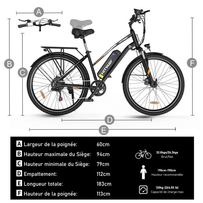 Vélo électrique VAE - HITWAY - Noir - 28