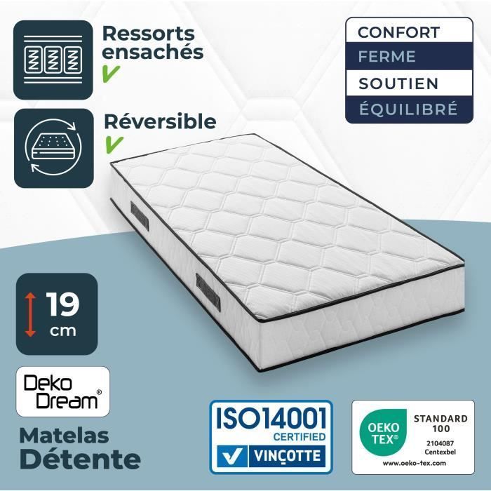 Matratze und Lattenrost 90 x 190 cm, 19 cm hoch – Taschenfederkern – 7 Zonen – wendbar – hergestellt in Belgien – DEKO DREAM