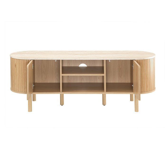 CALICOSY - Meuble TV 2 portes avec plateau effet travertin L140 cm - HELIOS - Bois clair