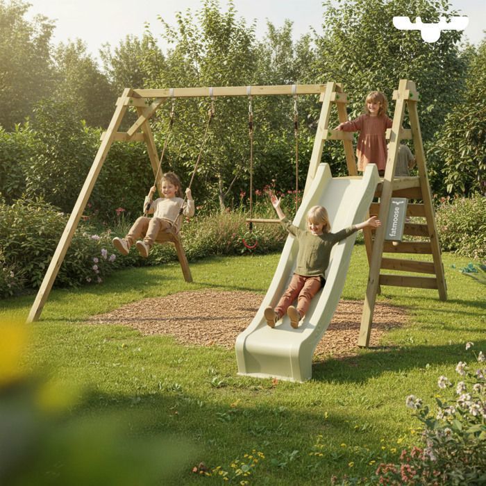 Portique bois FATMOOSE JollyJack XXL avec double balançoire, toboggan 220 cm et échelle – 10 ans de garantie*